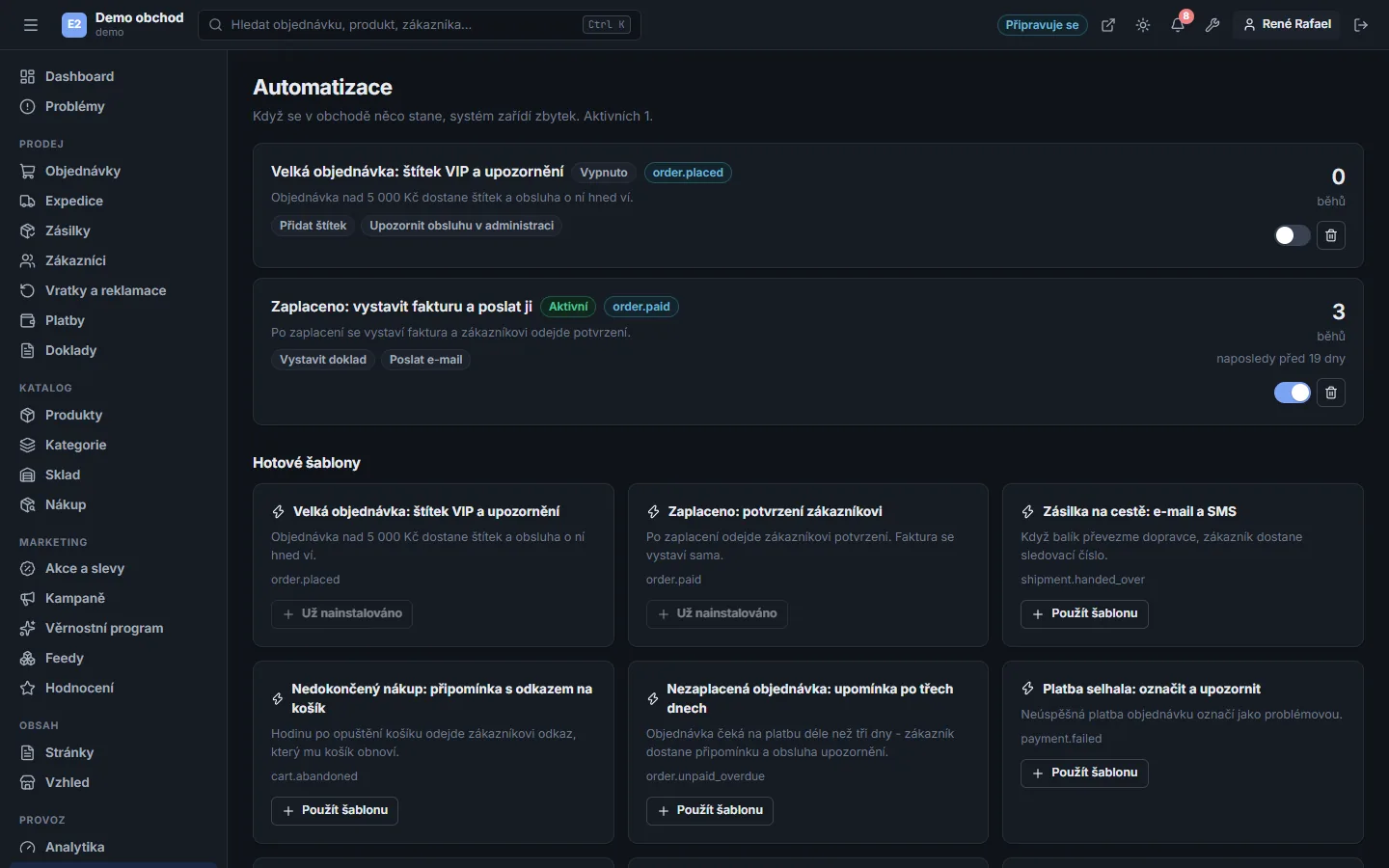 Administrace Buyshop – Automatizace (Tmavý režim)